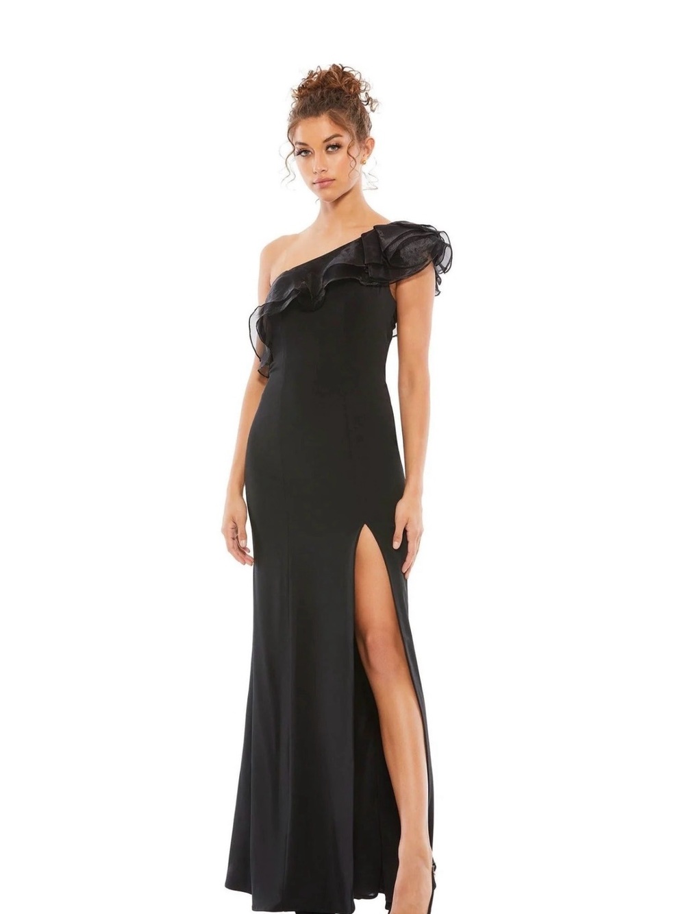 IEENA for MAC DUGGAL One-Shoulder Ruffle Maxi Dress in Black Size 2 NWT